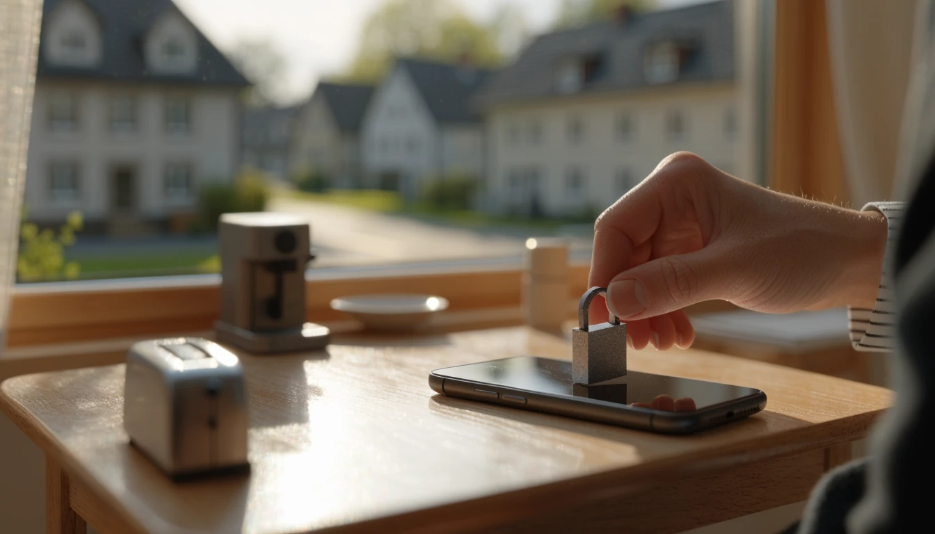 Hand legt ein Schloss-Symbol auf ein Smartphone am Küchentisch.