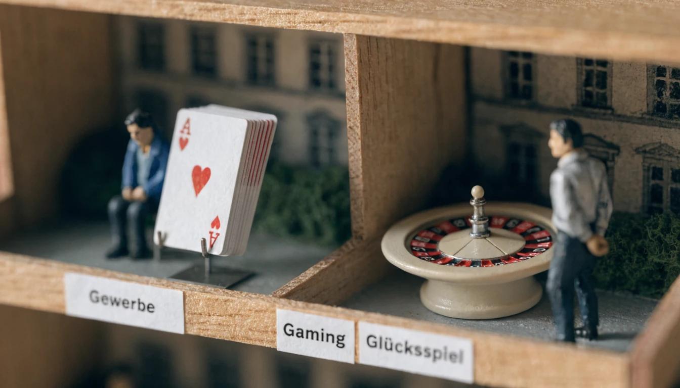 Holzregal mit Spielkarten und Roulette in zwei Fächern.