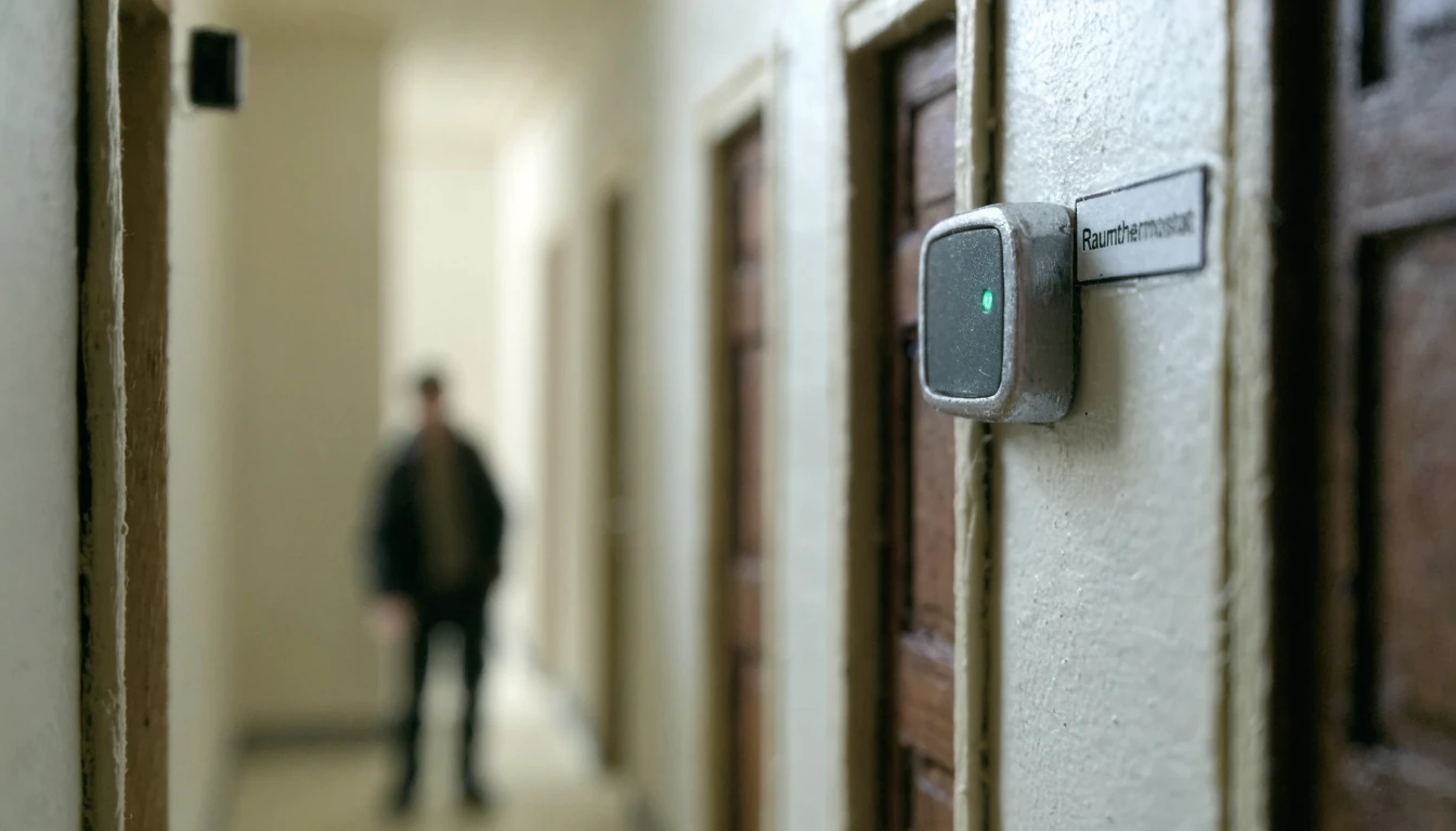 Wandthermostat mit grünem Licht in einem deutschen Flur.